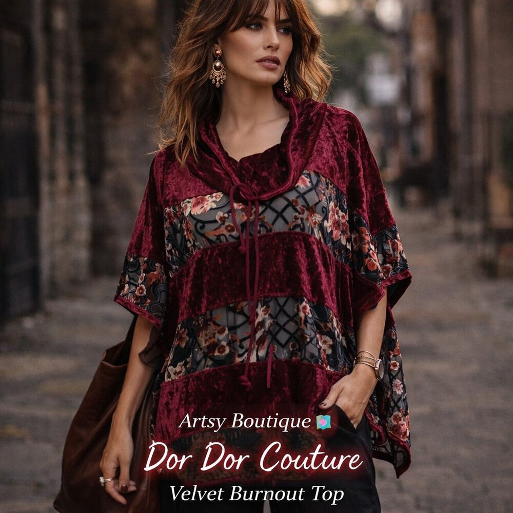 Dor Dor Couture Velvet Burnout Blouse L Red Floral Sheer Boho Lagenlook Artisan